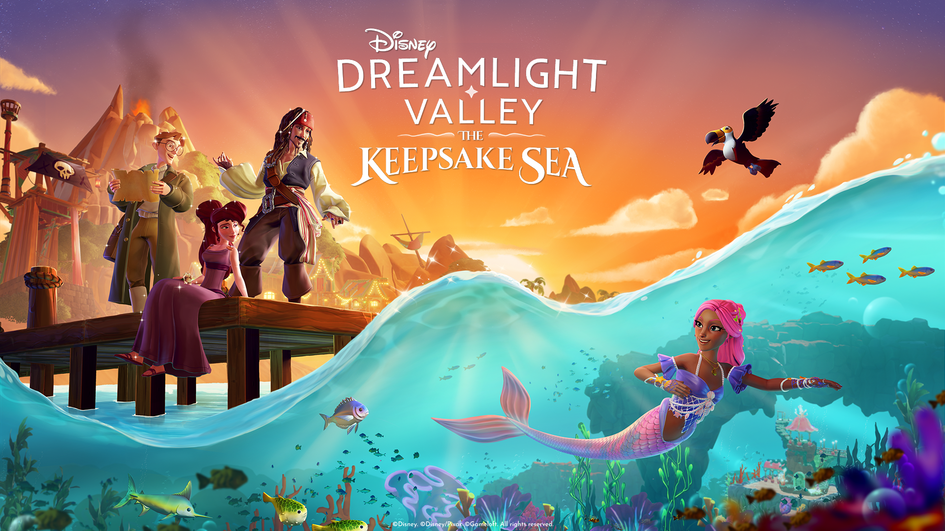 Offizielles Keepsake-Sea-Key-Art mit Milo Thatch, Captain Jack Sparrow, Megara und einer Meerjungfrau.