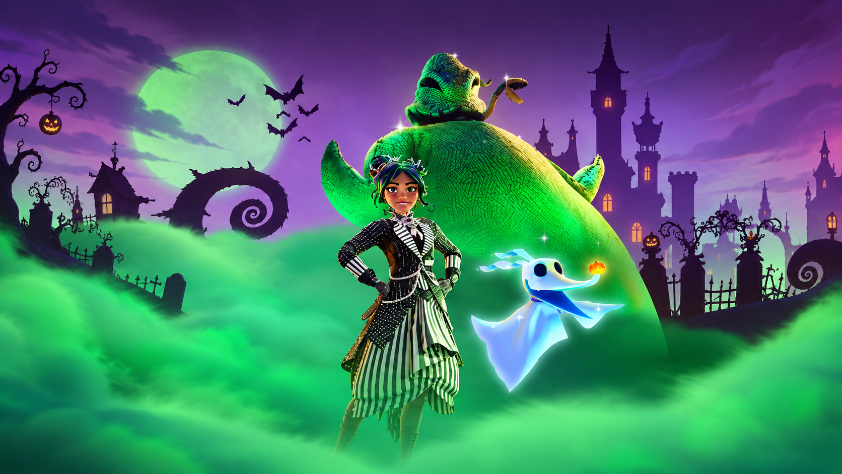 Oogie Boogie, Spielfigur und Zero vor einer grün und violett beleuchteten Halloween-Landschaft.