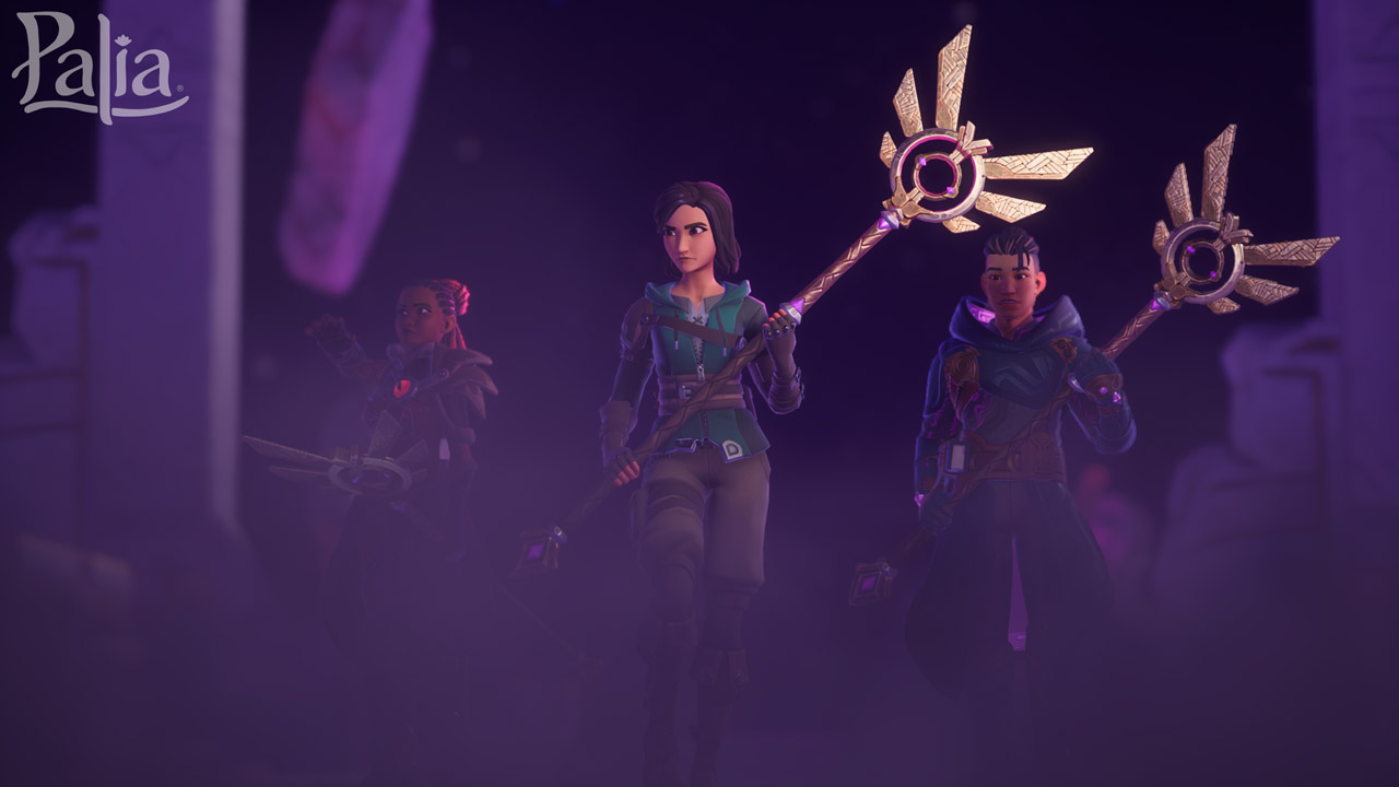 Offizielles Echo-Expeditions-Motiv mit drei Figuren und ihren Stäben.